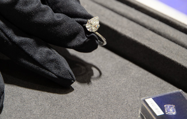 Pear diamond ring close up.