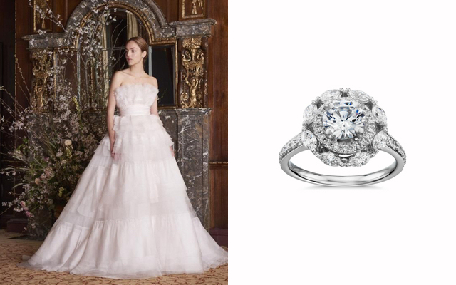 Monique Lhuillier Marquise Floral Halo Engagement Ring & Parfait Bridal Ball Gown