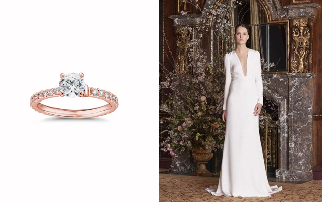 Monique Lhuillier Scalloped Pavé Diamond Engagement Ring & Caroline Sheath Bridal Gown