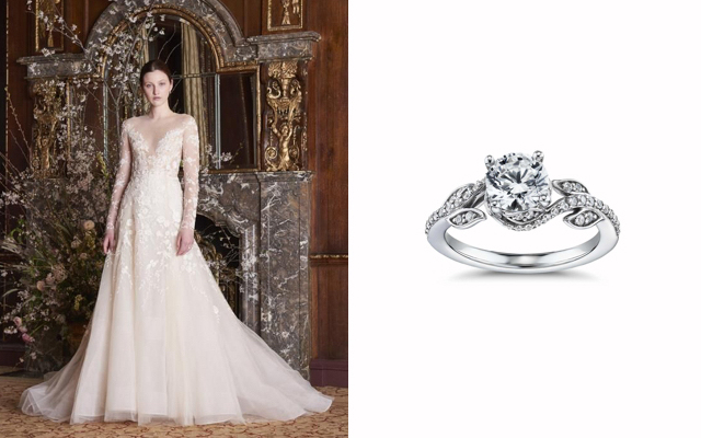 Monique Lhuillier Twisting Vine Diamond Engagement Ring & Margaret Illusion Long Sleeve Bridal Gown