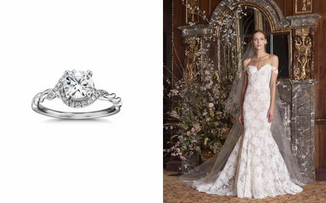 Monique Lhuillier Twist Infinity Diamond Engagement Ring & Eve Trumpet Bridal Gown