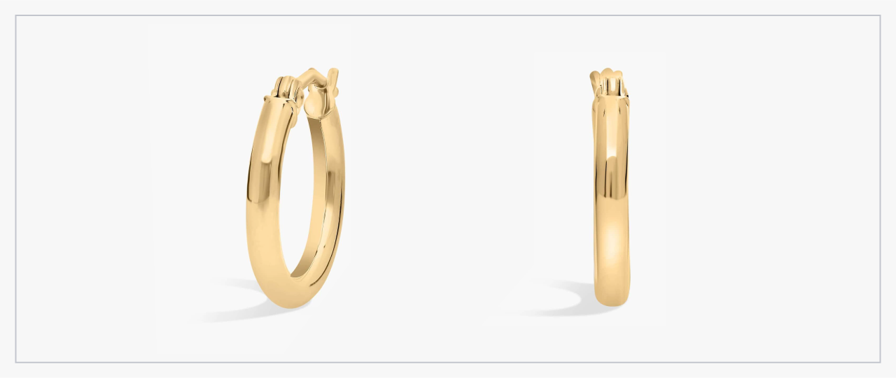 Front and side view of 14k yellow gold small hoop earrings from Blue Nile