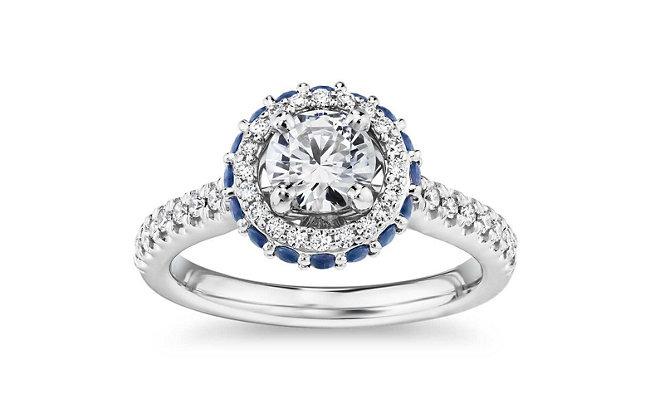 Sapphire and diamond engagement ring in white gold.