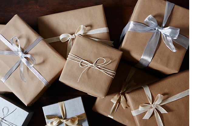 Engagement gifts wrapped in paper.
