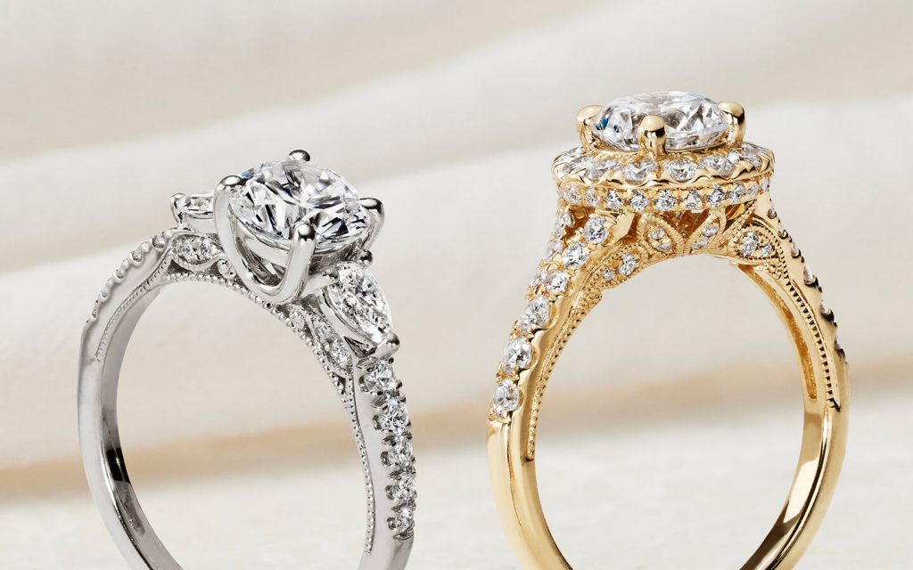 Yellow gold and white gold vintage-style engagement rings