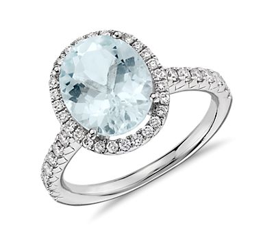 Aquamarine and Diamond Halo Ring in 18k White Gold