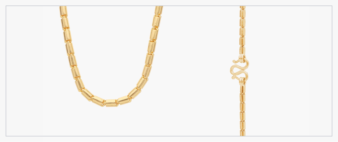 Front and side view of a solid 24k yellow gold handmade baht link necklace from Blue Nile