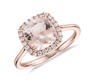 Morganite and Diamond Halo Cushion Ring in 14k Rose Gold