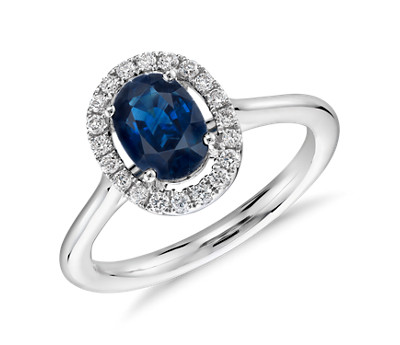 Floating Oval Sapphire and Diamond Micropavé Diamond Halo Ring