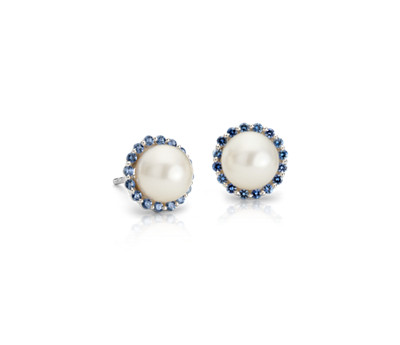 Pearl earrings with halos of blue gemstones 