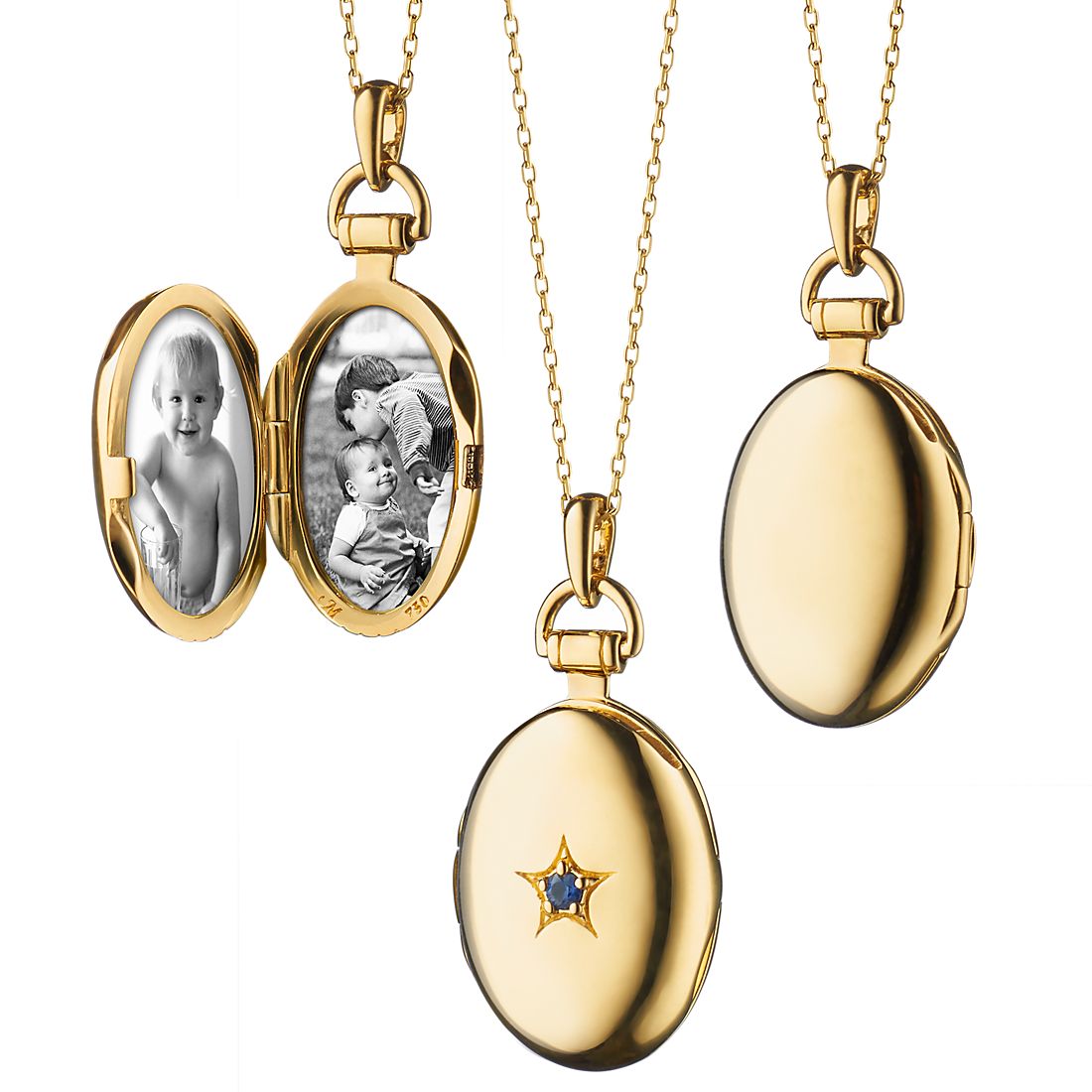 Oval yellow gold and sapphire locket with black and white photos of children inside.