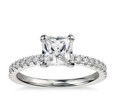 1 Carat Preset Princess-Cut Petite Pavé Diamond Engagement Ring in 14k White Gold
