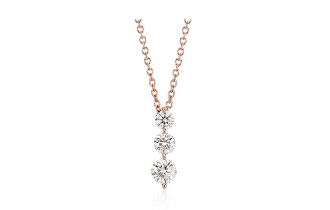 Three Stone Drop Diamond Pendant in 18k Rose Gold Chain