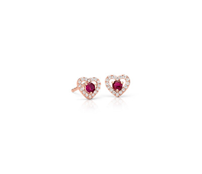 Petite Ruby and Diamond Pavé Heart Stud Earrings in 14k Rose Gold