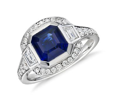 Emerald-Cut Sapphire and Diamond Halo Ring in 18k White Gold