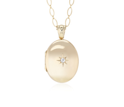 Long Oval Locket with Diamond Accent in 14k Yellow Gold
