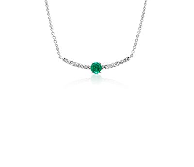 Petite Emerald and Diamond Curved Bar Necklace in 14k White Gold