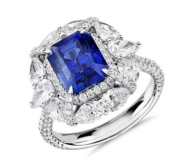 Emerald-Cut Sapphire and Pear-Shaped Diamond Halo Ring