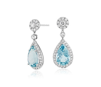 Pear-Shaped Aquamarine and Diamond Halo Drop Earrings in 18k White Gold