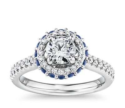 Hidden Sapphire Diamond Halo Engagement Ring