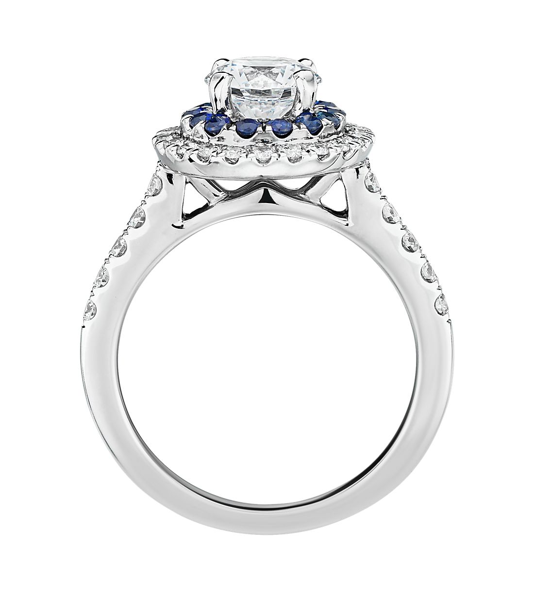 Sapphire and diamond hidden halo engagement ring.