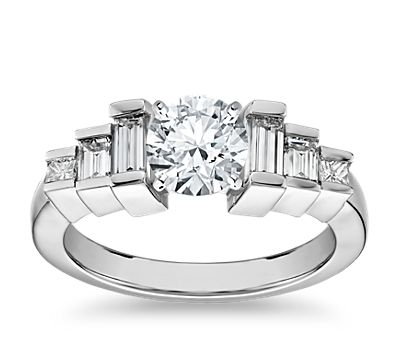 Vertical Step Baguette Side Stone Diamond Engagement Ring