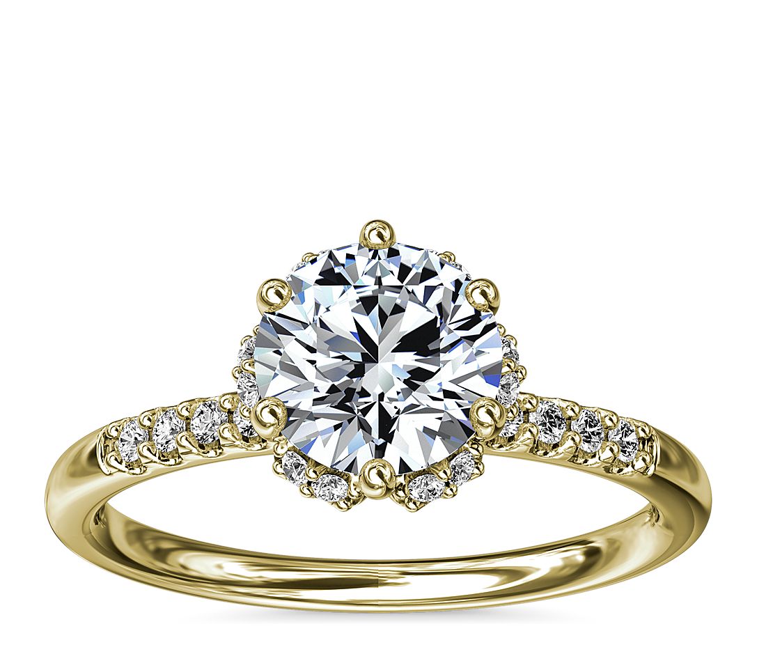 Yellow gold hidden halo diamond engagement ring