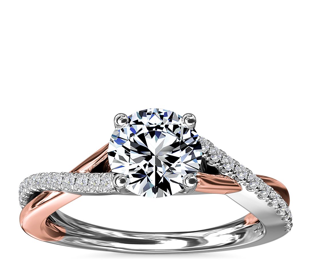 Two tone rose and white gold twist diamond engagement ring