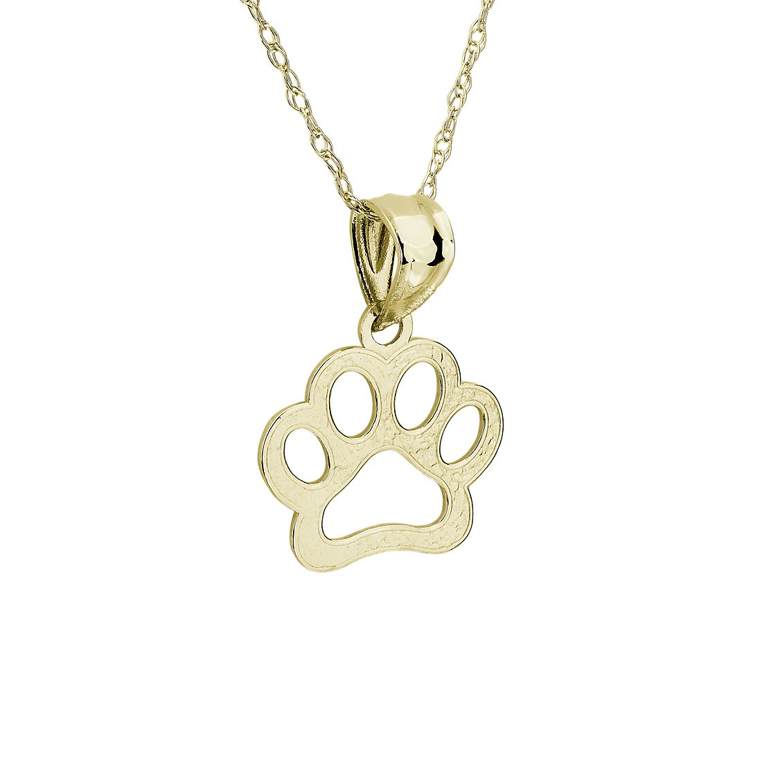 14k yellow gold paw print charm on a gold chain