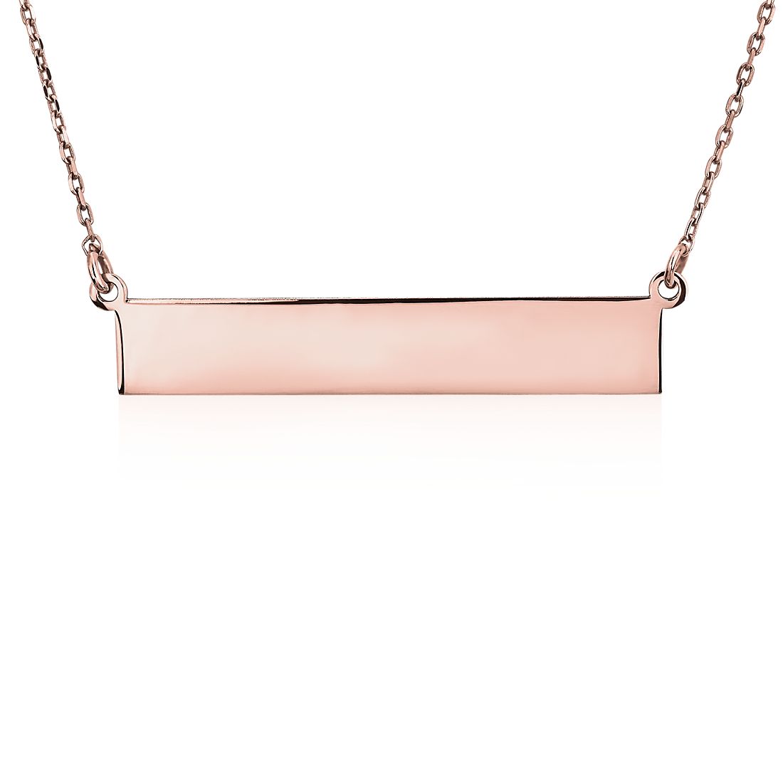 14k rose gold engravable bar necklace set on a fixed chain.