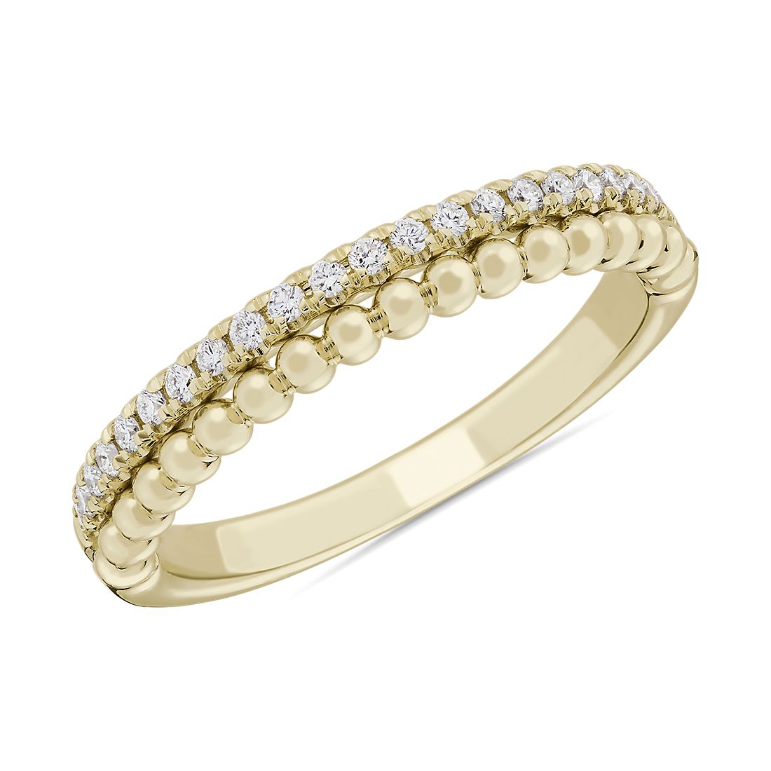 Double row ring with diamonds and gold beads.