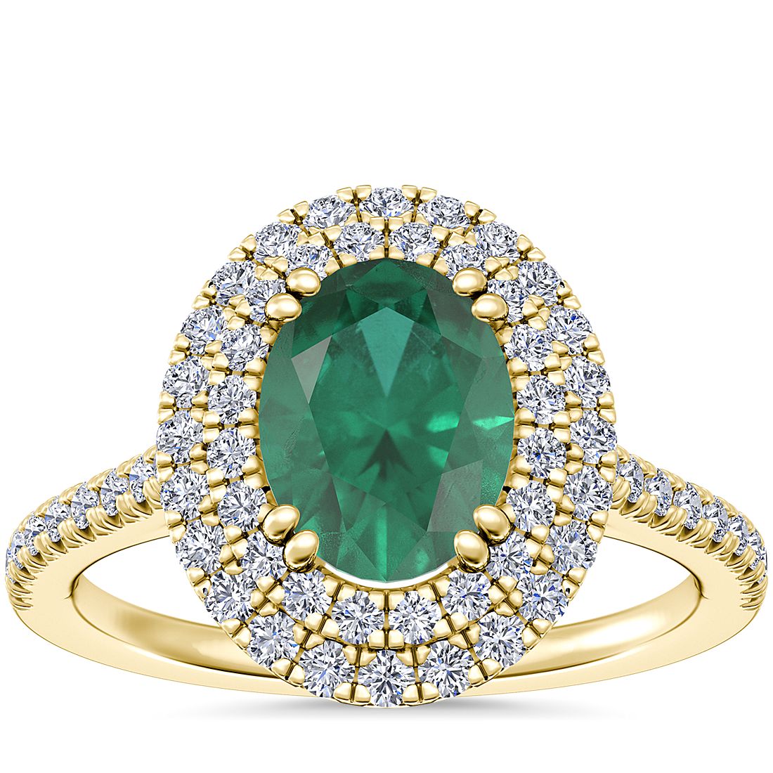 Micropavé Double Halo Diamond Engagement Ring with Oval Emerald in 14k Yellow Gold (8x6mm)