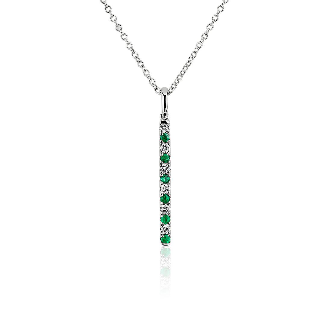 14k white gold vertical bar pendant with alternating emeralds and diamonds
