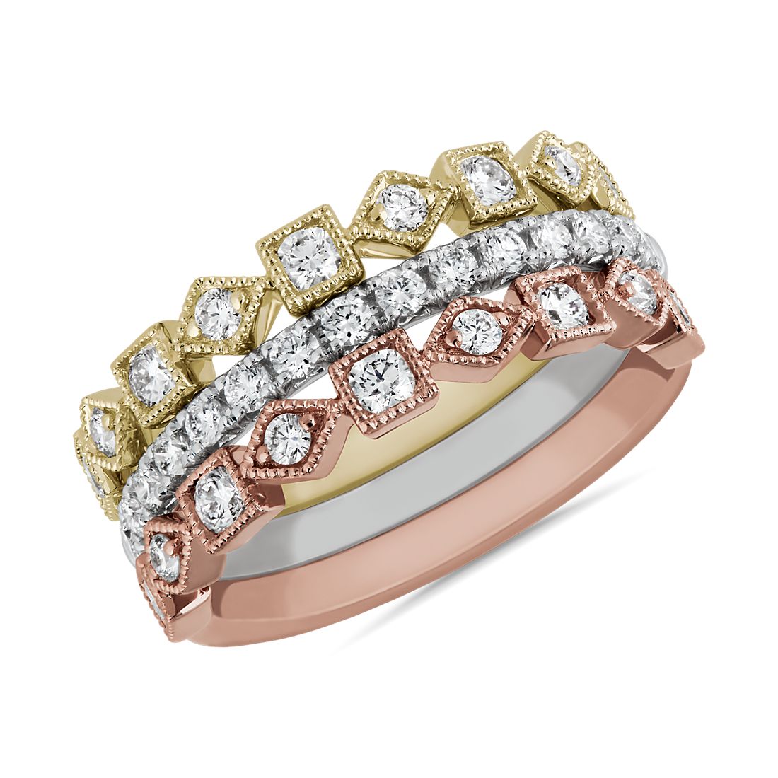 Milgrain Stacking Ring Set in 14k White, Yellow, and Rose Gold (¾ ct. tw.)