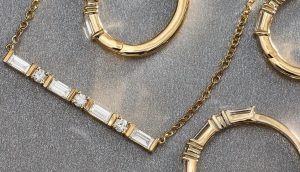 Baguette diamond jewelry in yellow gold