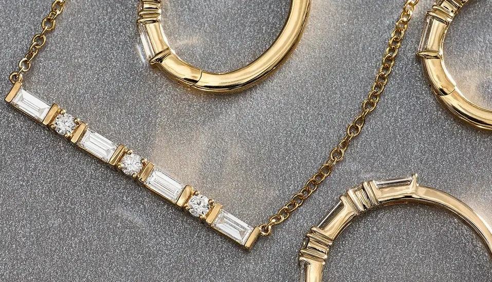 Baguette diamond jewelry in yellow gold