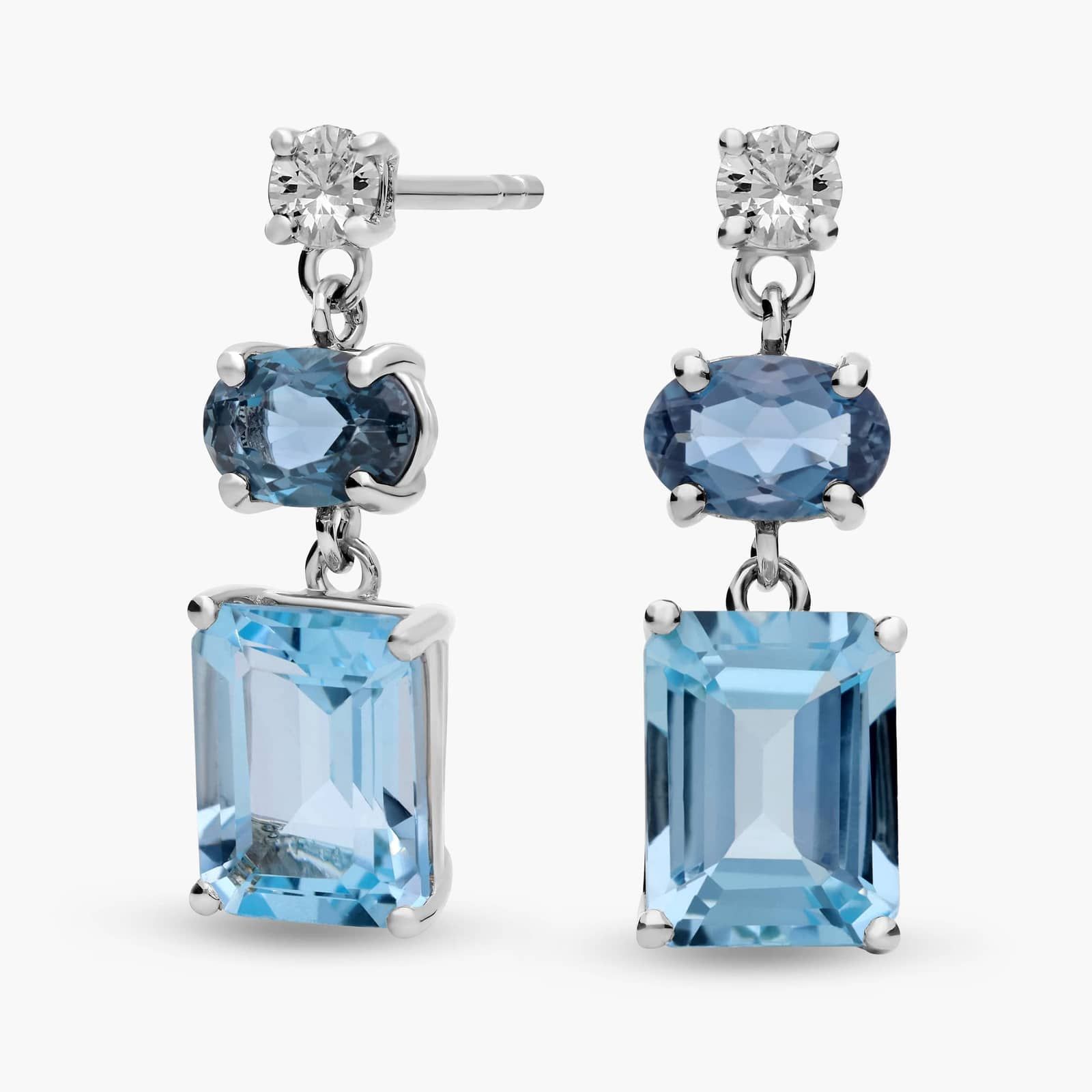 Blue Topaz and White Sapphire Mixed Shape Drop Earrings in Sterling Silver