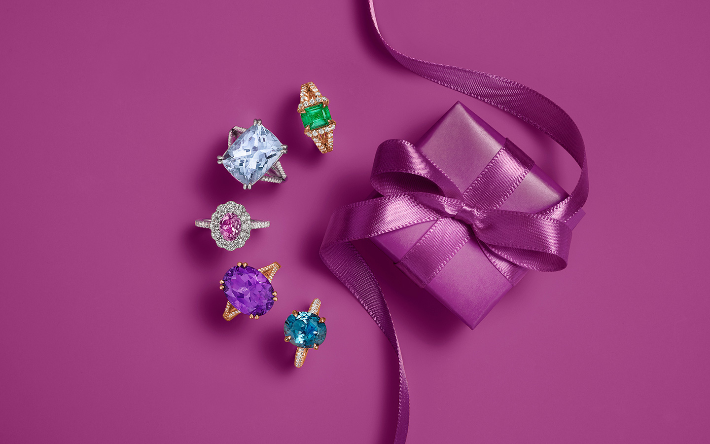 Five gemstone and diamond cocktail rings including designs with sapphire, emerald and amethyst. 