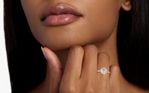 Close-up photo of an E color diamond set into a ring