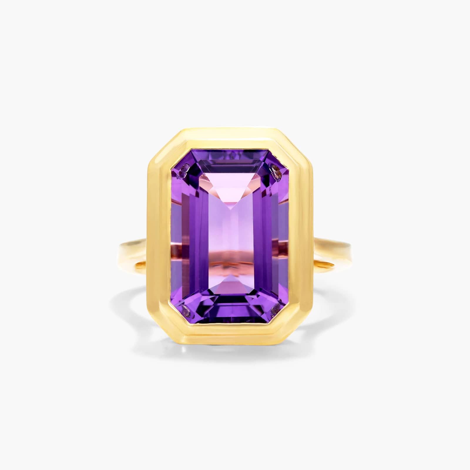 Shop Emerald Cut Bezel Amethyst Cocktail Ring in 18k Yellow Gold