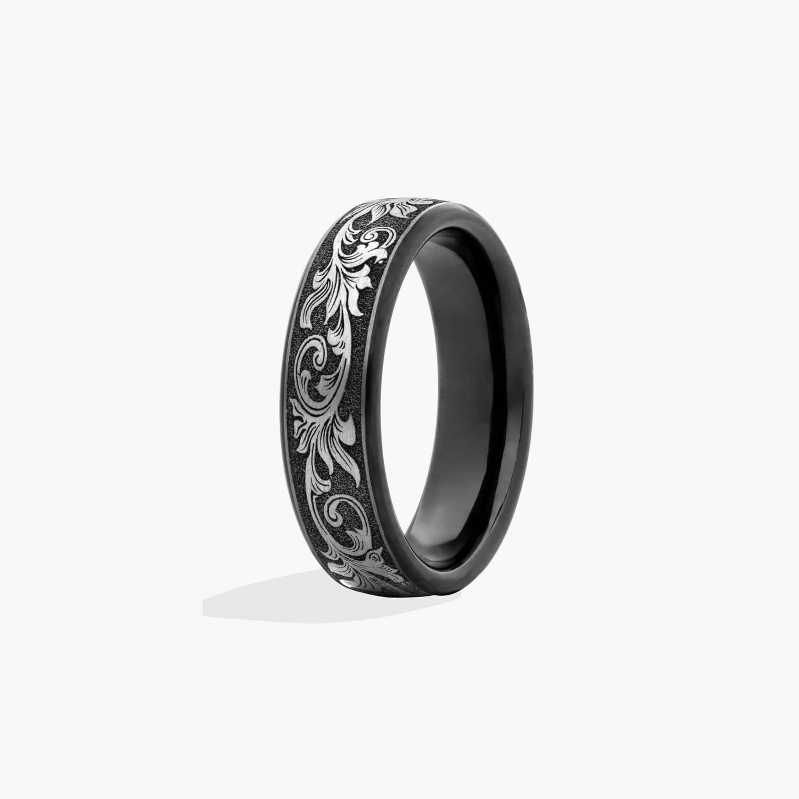 Shop Grey Vintage Script Men's Wedding Band in Black Titanium