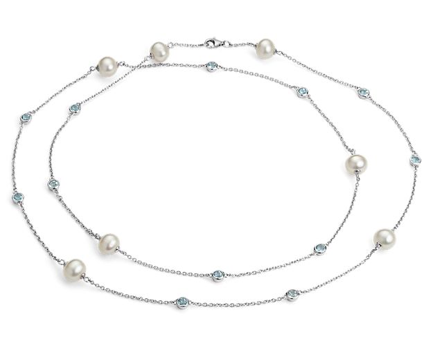 Freshwater Cultured Pearl Necklace With Blue Topaz In Sterling Silver