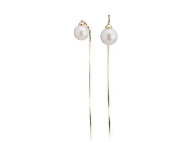 Front-Back Freshwater Cultured Pearl Drop Threader Earring In 14k Yellow Gold
