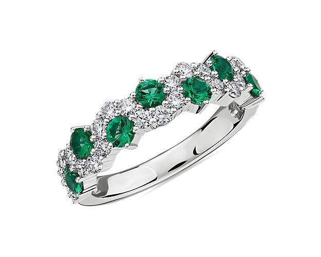 Staggered Emerald And Diamond Ring In 14k White Gold