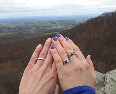 The couple admires their rings with a view of the Maryland countryside in the background.