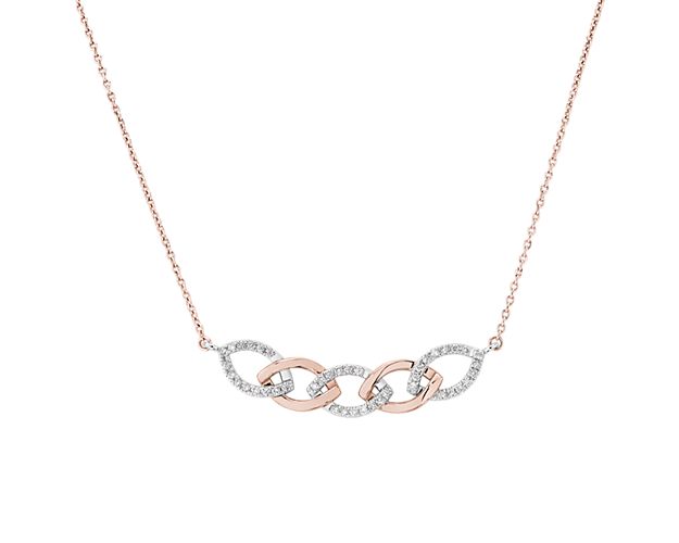 Two-tone mixed metal gold necklace with white gold, rose gold and diamonds.