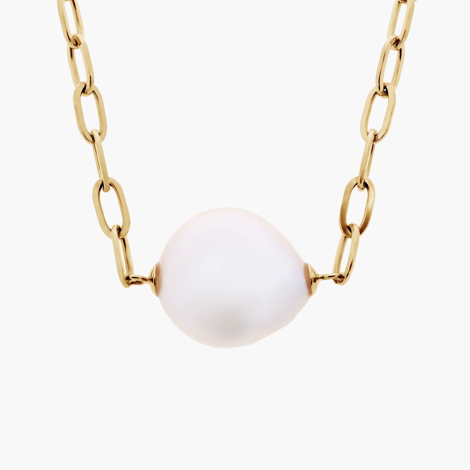 Paperclip Necklace with Baroque Pearl in 14k Yellow Gold