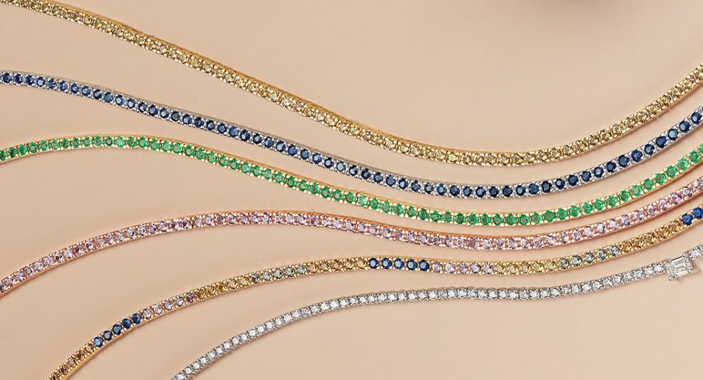 Tennis bracelets with different sapphire colors including blue, yellow and pink sapphires.