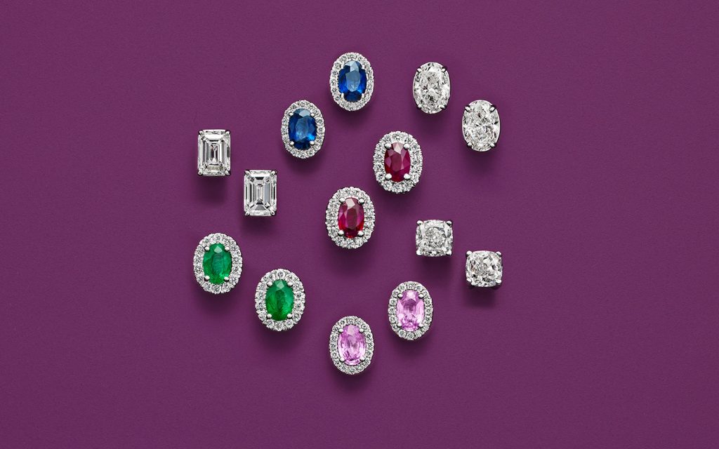 Stud earrings including blue sapphires, pink sapphires and rubies.