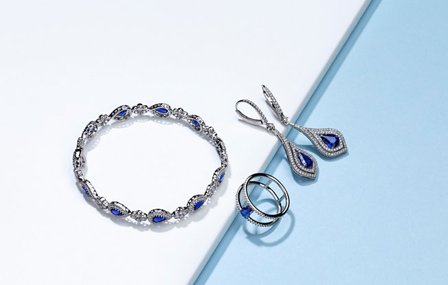 A set of sapphire earrings along with a matching bracelet and necklace from Blue Nile